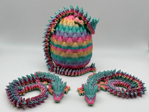 Silk Rainbow Dragon Scale Egg with Articulating Dragon Fidget Toy - 3D Printed Egg with Flexible Dragon for Kids and Adults