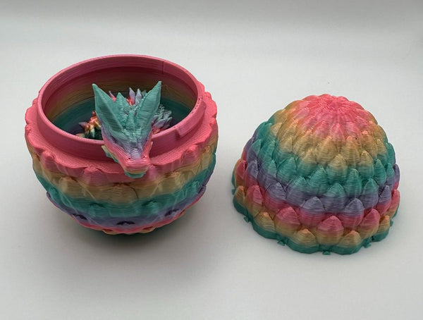 Silk Rainbow Dragon Scale Egg with Articulating Dragon Fidget Toy - 3D Printed Egg with Flexible Dragon for Kids and Adults