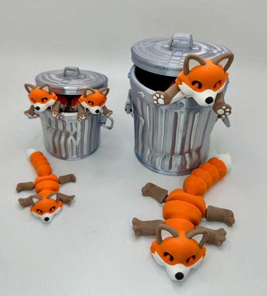 Adorable Orange Fox Articulating Fidget Toy - Stress Reliever - Includes Tree Stump or Realistic Trash Can with Lid - 3D Printed