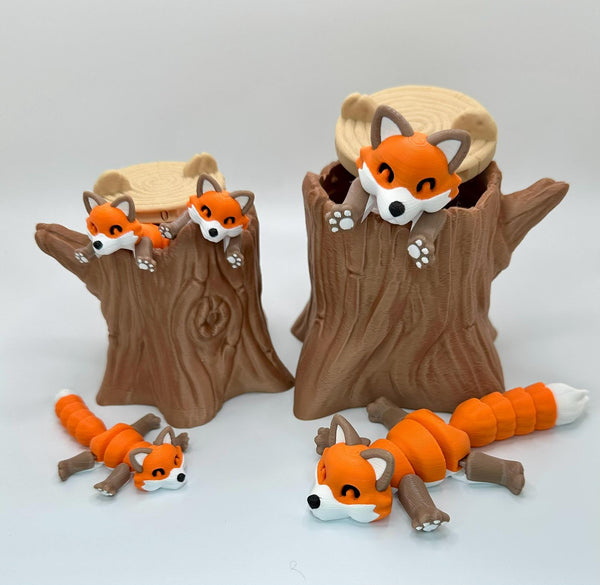 Adorable Orange Fox Articulating Fidget Toy - Stress Reliever - Includes Tree Stump or Realistic Trash Can with Lid - 3D Printed