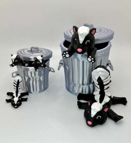 Adorable Trash Skunk Articulating Fidget Toy - Includes Realistic Trash Can or Tree Stump - 3D Printed for Adults & Kids Alike