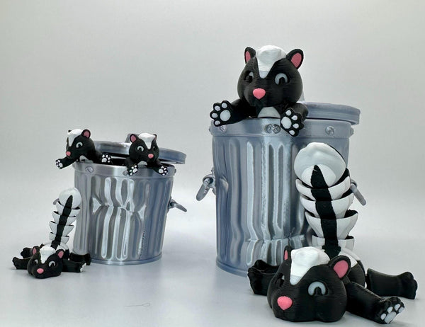 Adorable Trash Skunk Articulating Fidget Toy - Includes Realistic Trash Can or Tree Stump - 3D Printed for Adults & Kids Alike