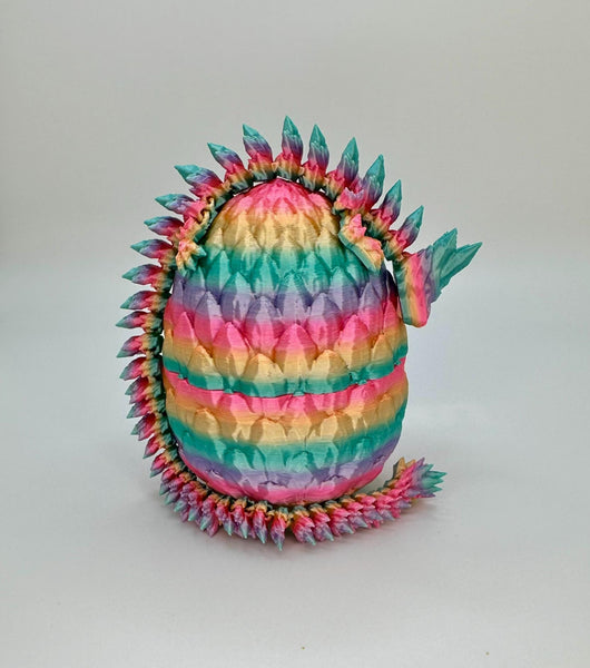Silk Rainbow Dragon Scale Egg with Articulating Dragon Fidget Toy - 3D Printed Egg with Flexible Dragon for Kids and Adults