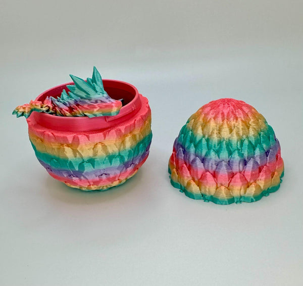 Silk Rainbow Dragon Scale Egg with Articulating Dragon Fidget Toy - 3D Printed Egg with Flexible Dragon for Kids and Adults
