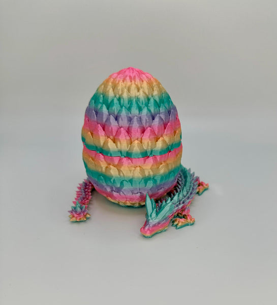 Silk Rainbow Dragon Scale Egg with Articulating Dragon Fidget Toy - 3D Printed Egg with Flexible Dragon for Kids and Adults