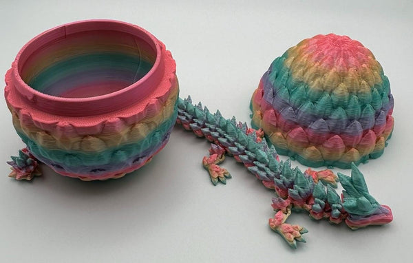 Silk Rainbow Dragon Scale Egg with Articulating Dragon Fidget Toy - 3D Printed Egg with Flexible Dragon for Kids and Adults