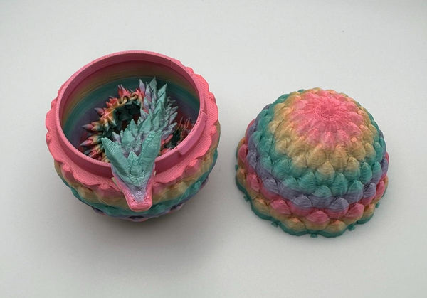 Silk Rainbow Dragon Scale Egg with Articulating Dragon Fidget Toy - 3D Printed Egg with Flexible Dragon for Kids and Adults