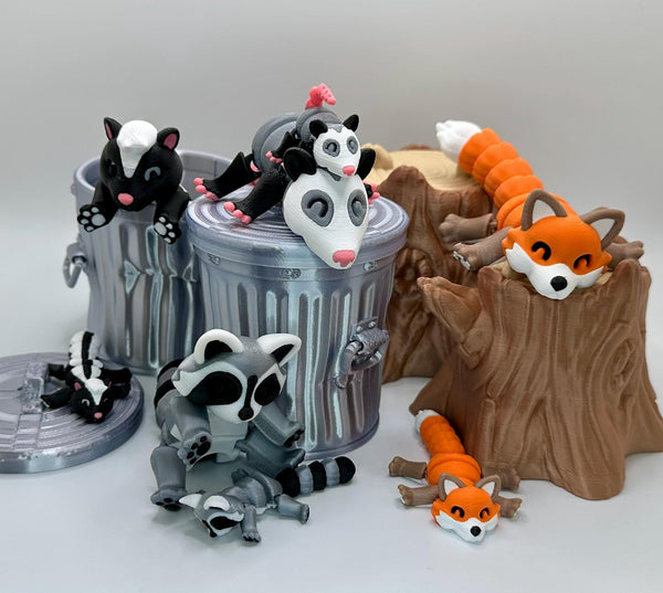 Adorable Trash Raccoon Articulating Fidget Toy - Includes Realistic Trash Can or Tree Stump - 3D Printed for Adults & Kids Alike