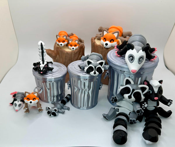 Adorable Trash Raccoon Articulating Fidget Toy - Includes Realistic Trash Can or Tree Stump - 3D Printed for Adults & Kids Alike
