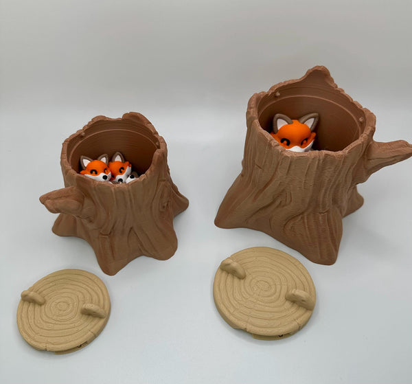 Adorable Orange Fox Articulating Fidget Toy - Stress Reliever - Includes Tree Stump or Realistic Trash Can with Lid - 3D Printed