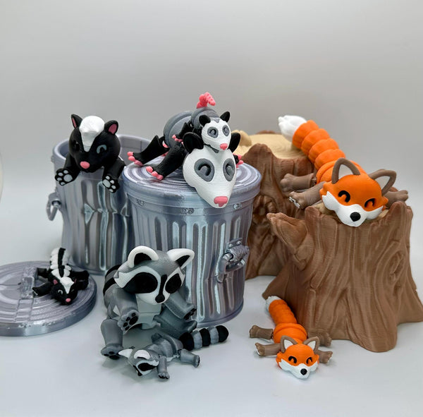 Adorable Orange Fox Articulating Fidget Toy - Stress Reliever - Includes Tree Stump or Realistic Trash Can with Lid - 3D Printed